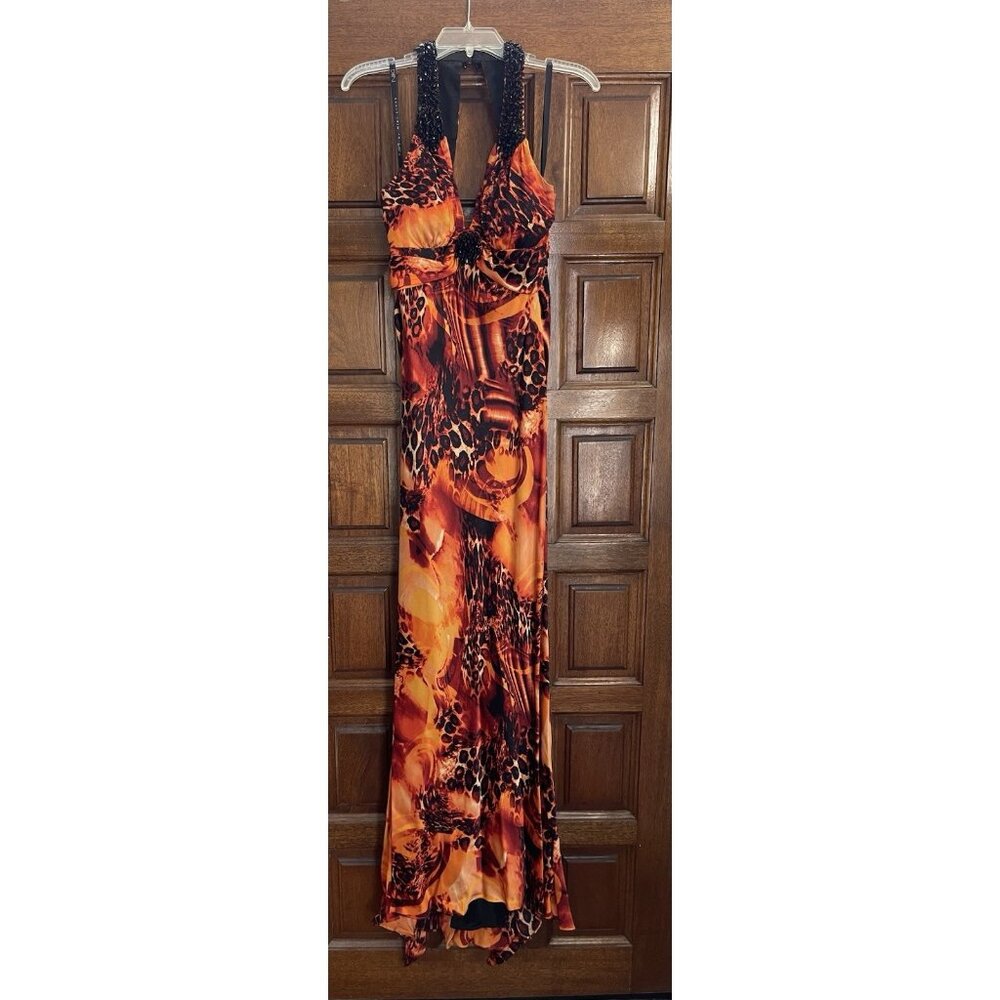 Gently Worn Unique Orange Print Beaded Long Gown By Niki Lucas Size 10